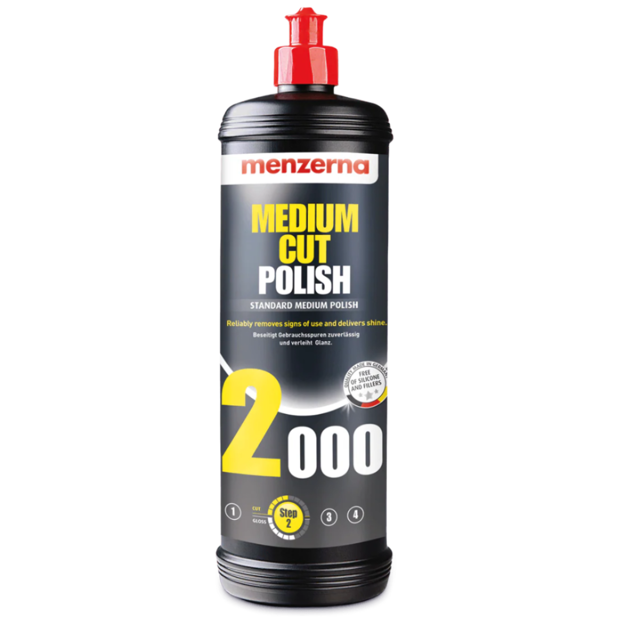 A bottle of Menzerna Medium Cut Polish with a red cap, labeled for removing moderately deep scratches.