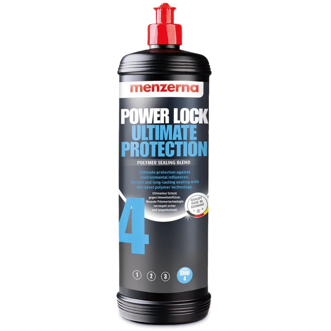 A bottle of Menzerna Power Lock Ultimate Protection polymer sealant for vehicles.