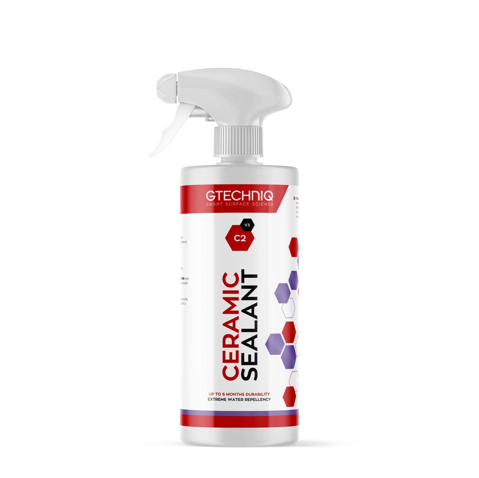 A spray bottle of GTechniq Auto C2 Ceramic Sealant Liquid Crystal with a white body and red and purple label.