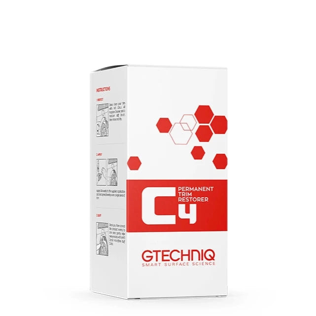A white box with red and black text, labeled 'GTechniq Auto: C4 Permanent Trim Restorer', indicating it is a product for vehicle trim restoration.