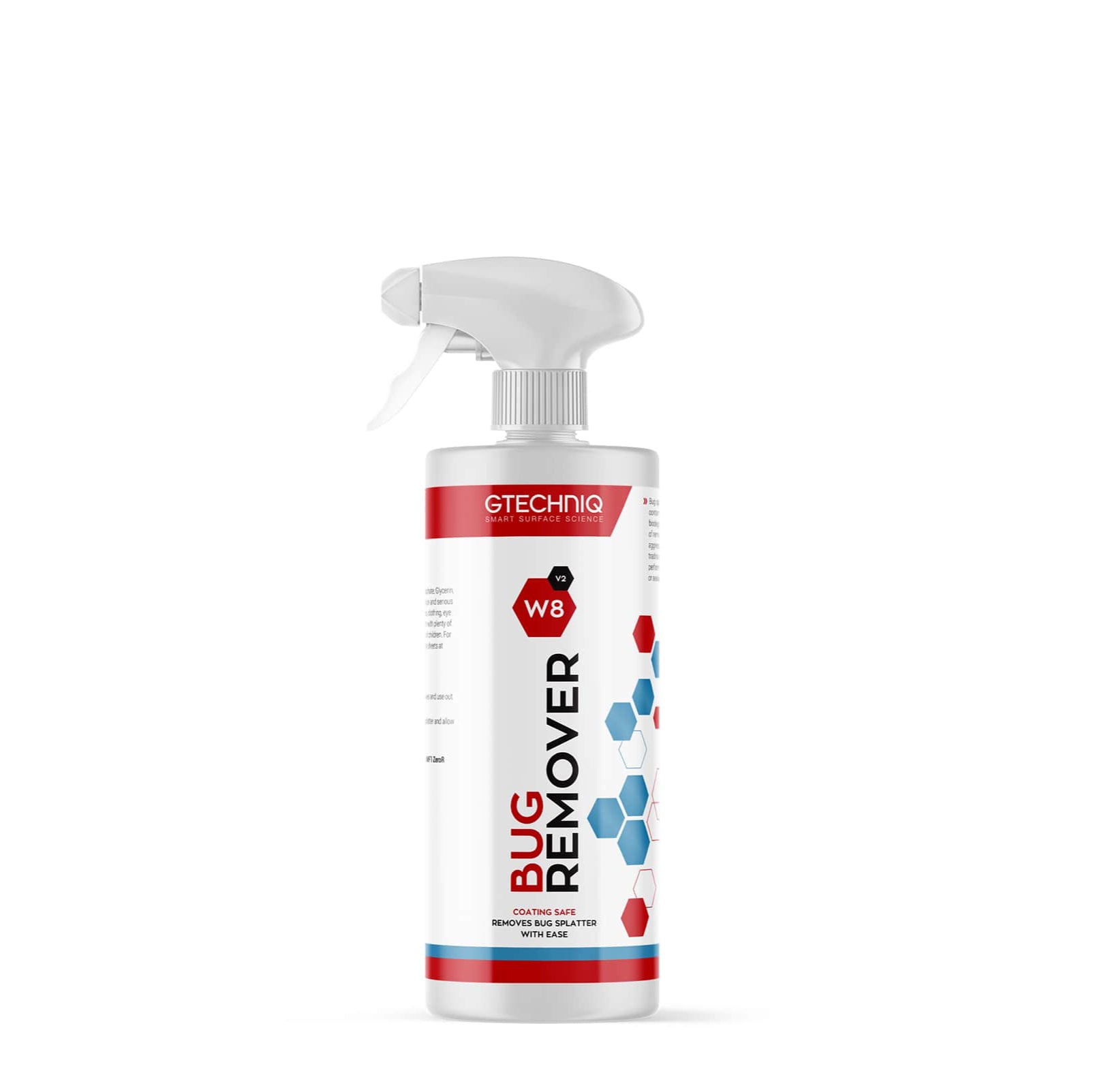 A spray bottle labeled 'Gtechniq W8 Bug Remover', indicating it is a cleaning product for vehicle glass.