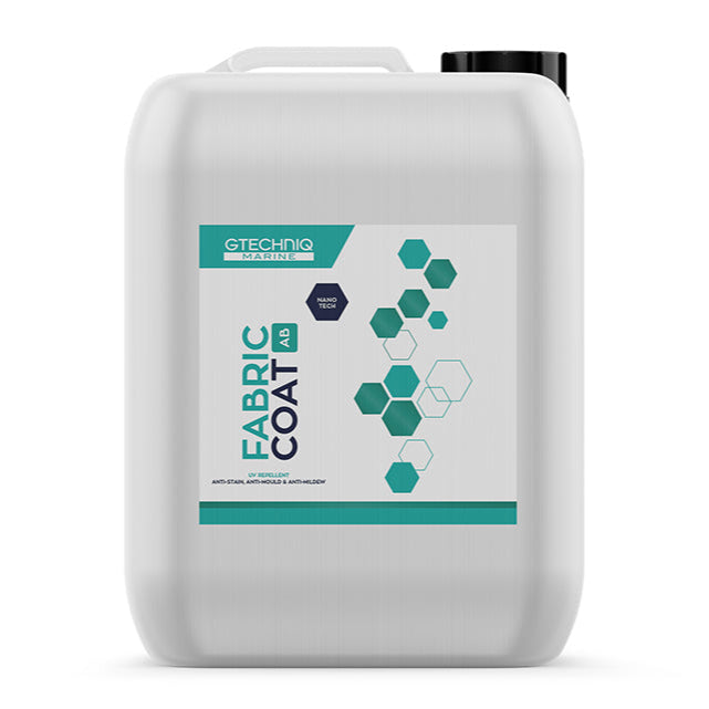 A white bottle with a label that displays 'G-Technic Marine Fabric Coat' and icons indicating the product's use for fabrics.