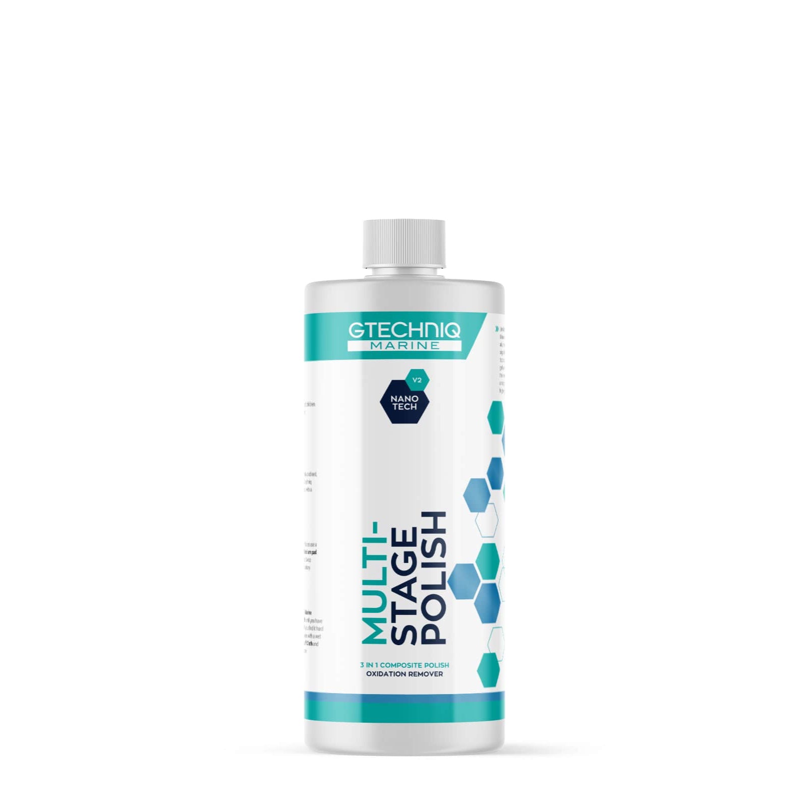A bottle of GTechniq Marine Multi-Stage Polish for vehicles, predominantly white with blue and green accents, indicating it is a low dusting, non-sling, VOC free product designed for marine applications.