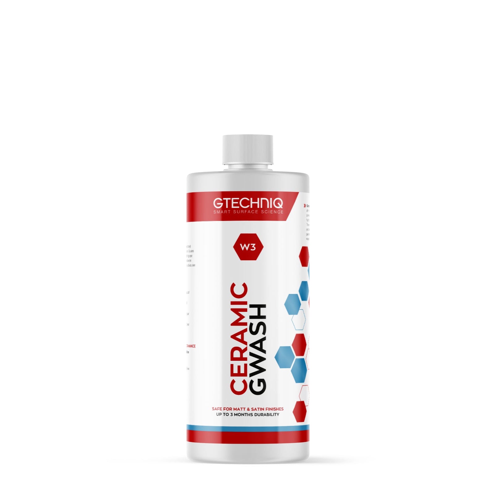 A bottle of GTechniq Auto: W3 Ceramic G Wash, which is a car wash solution, predominantly white and red in color with text and branding.