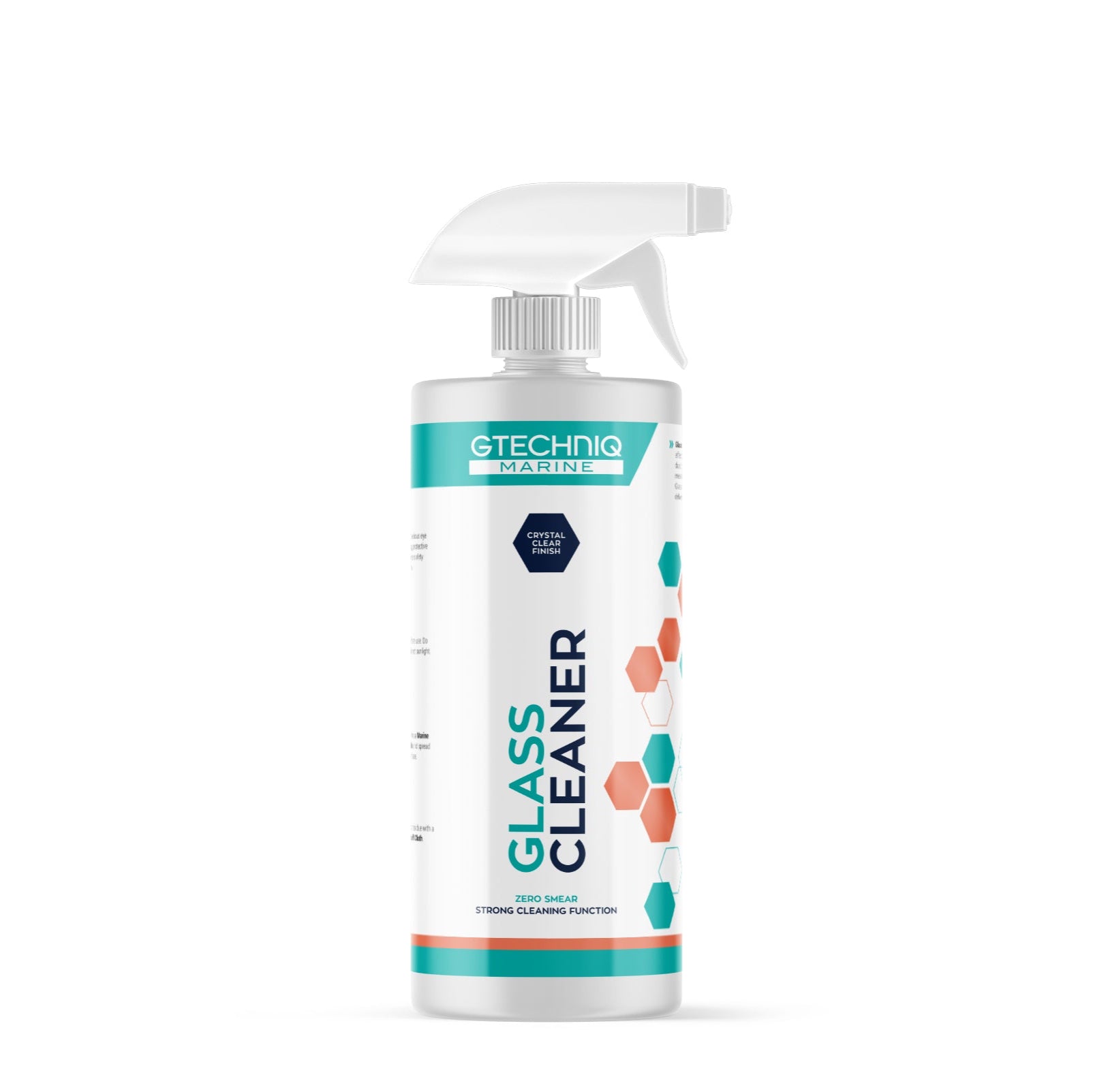 A spray bottle of GTechniq Marine Glass Cleaner with a white label, blue and orange design elements, and text detailing the product's use for marine glass.