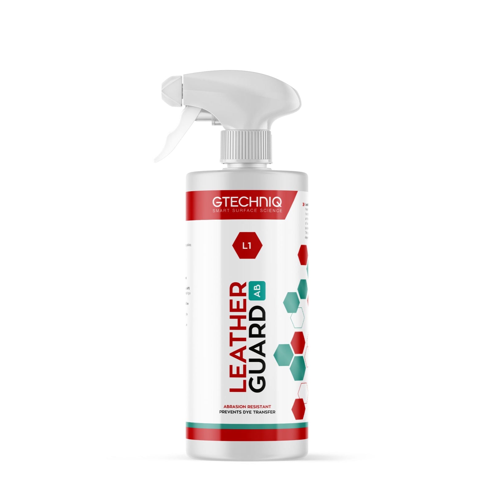 A white spray bottle with a label reading 'Leather Guard' from GTechniq.