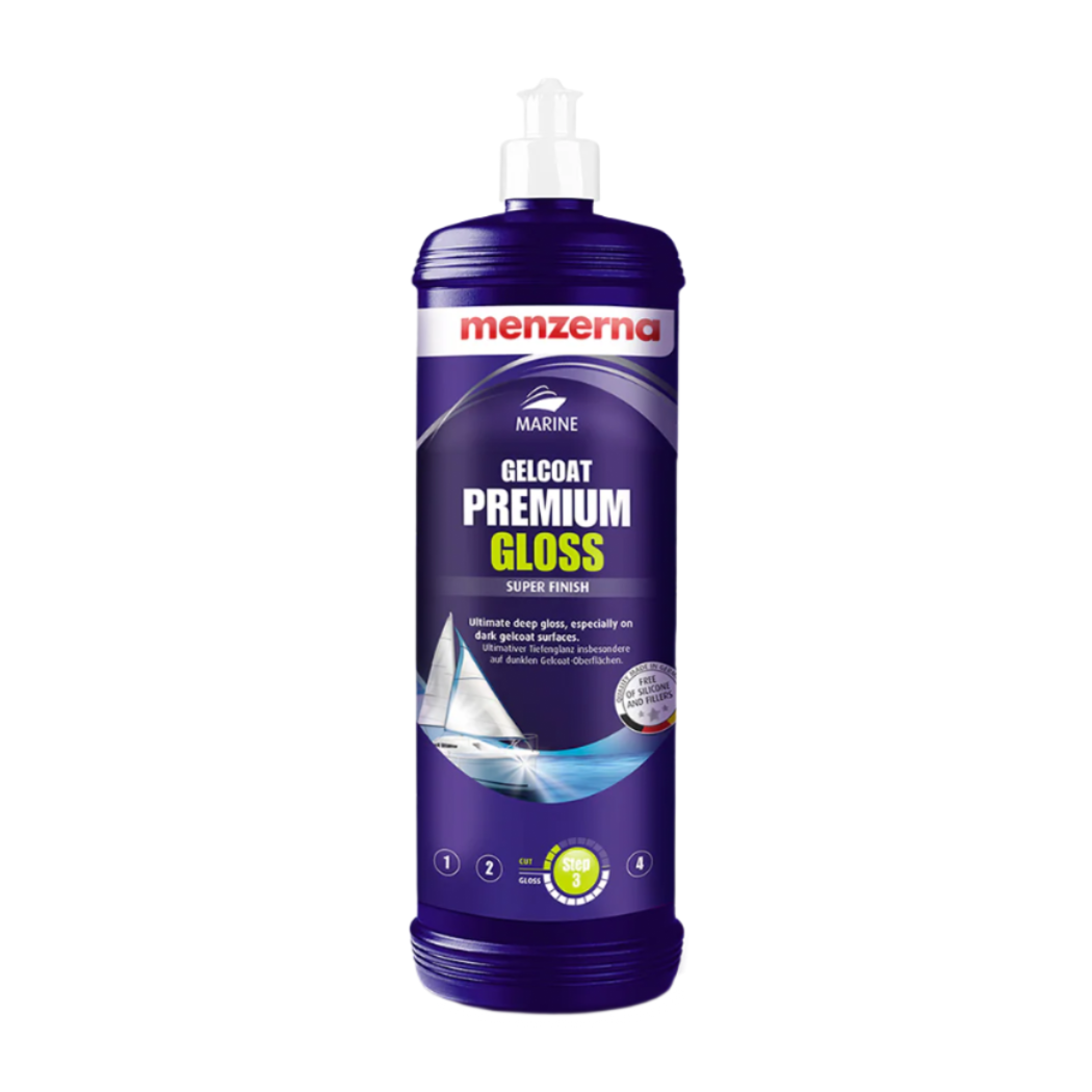 Menzerna Marine Gelcoat Premium Gloss car care product bottle on a white background
