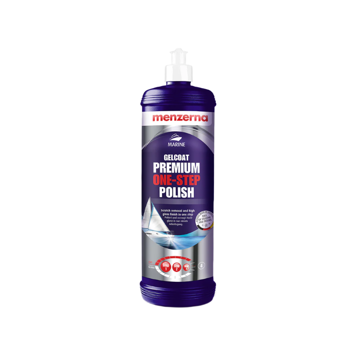 Menzerna Gelcoat Premium One-Step Polish bottle on a white background
