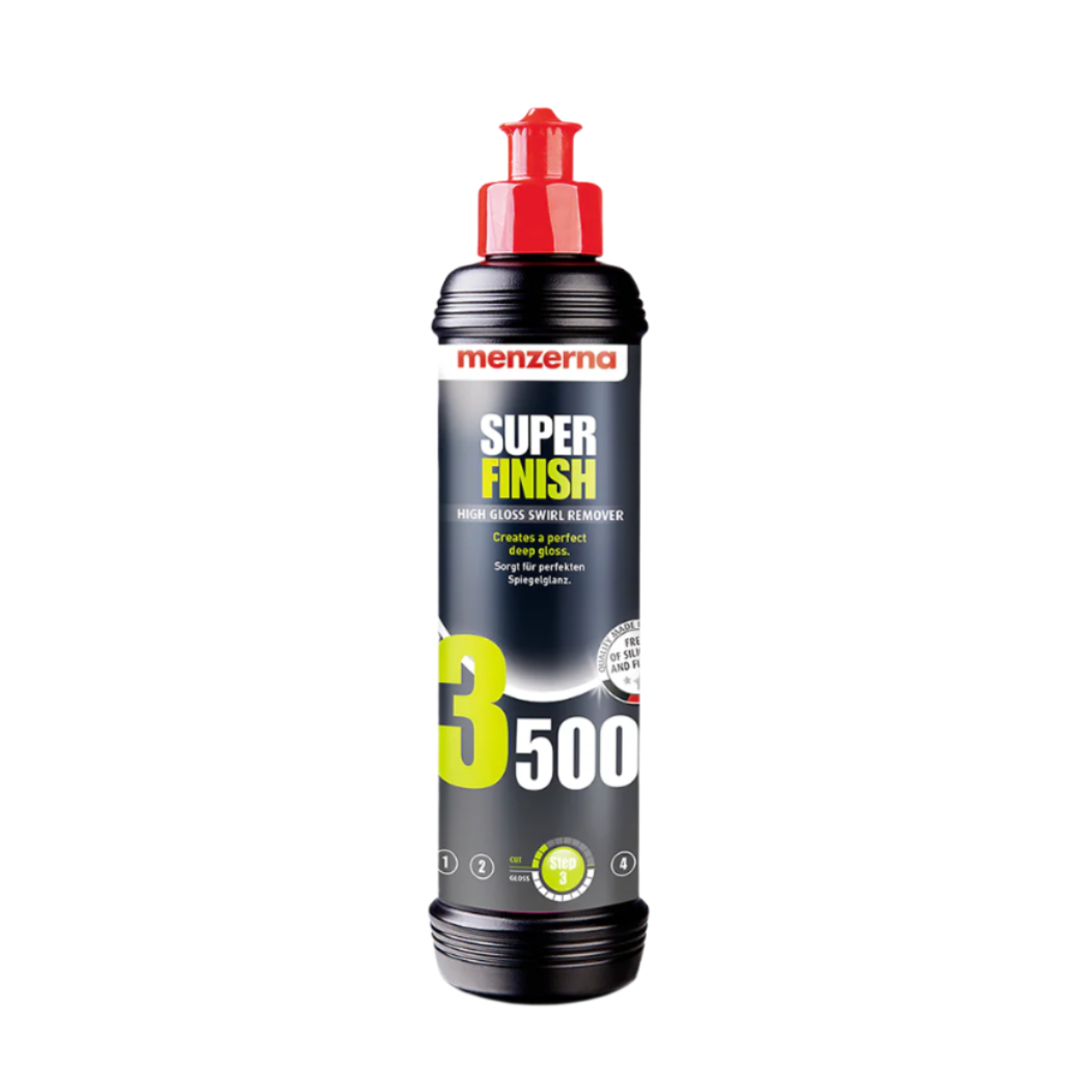 Bottle of Menzerna Super Finish 3500 car polish on a white background