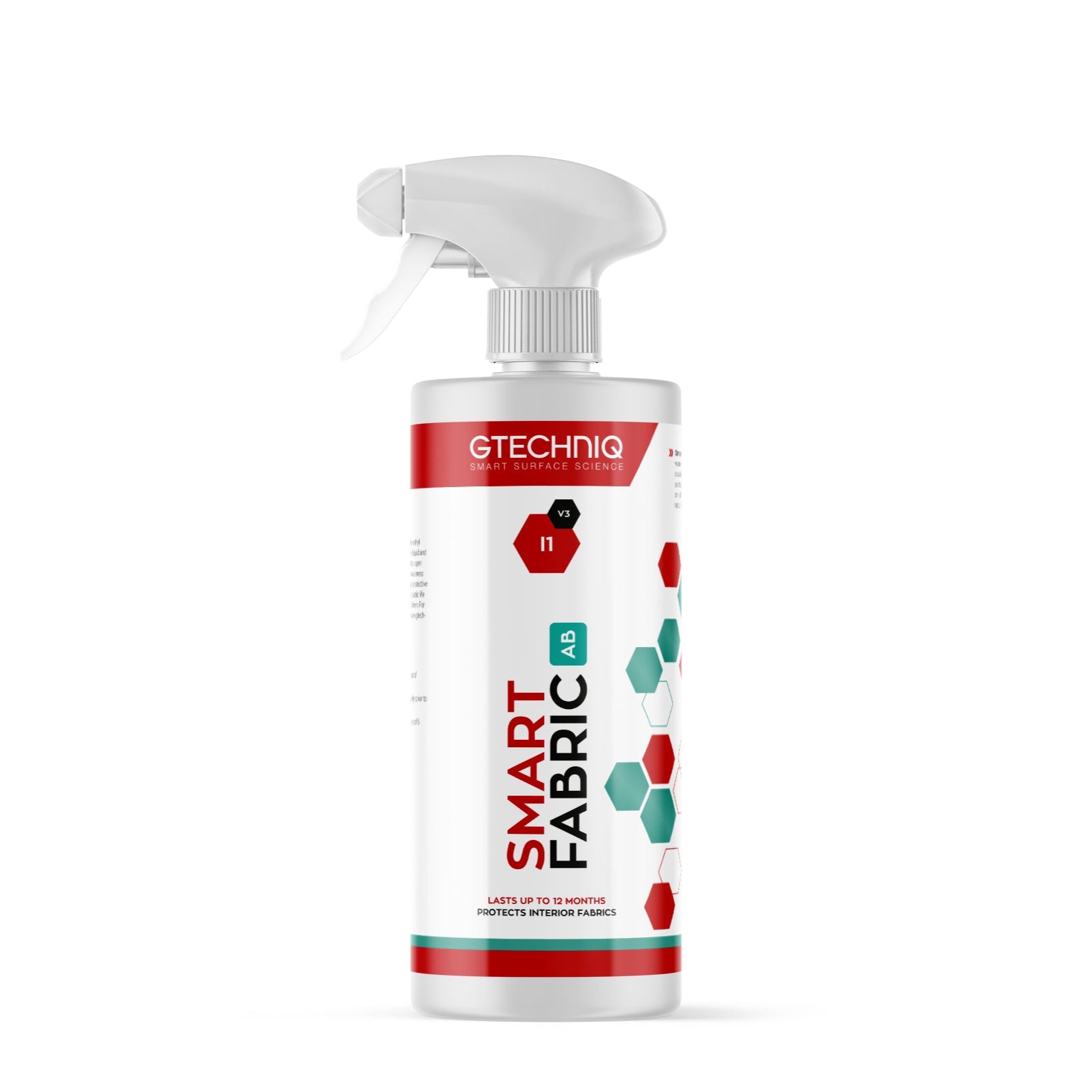 A spray bottle of GTechniq Auto: I1 Smart Fabric, predominantly white with red and black text, indicating the product is designed for smart fabric.