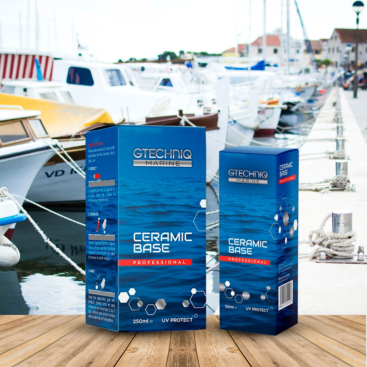 A box of Gtechniq Ceramic Base for marine use, displayed with a background featuring boats in a marina.
