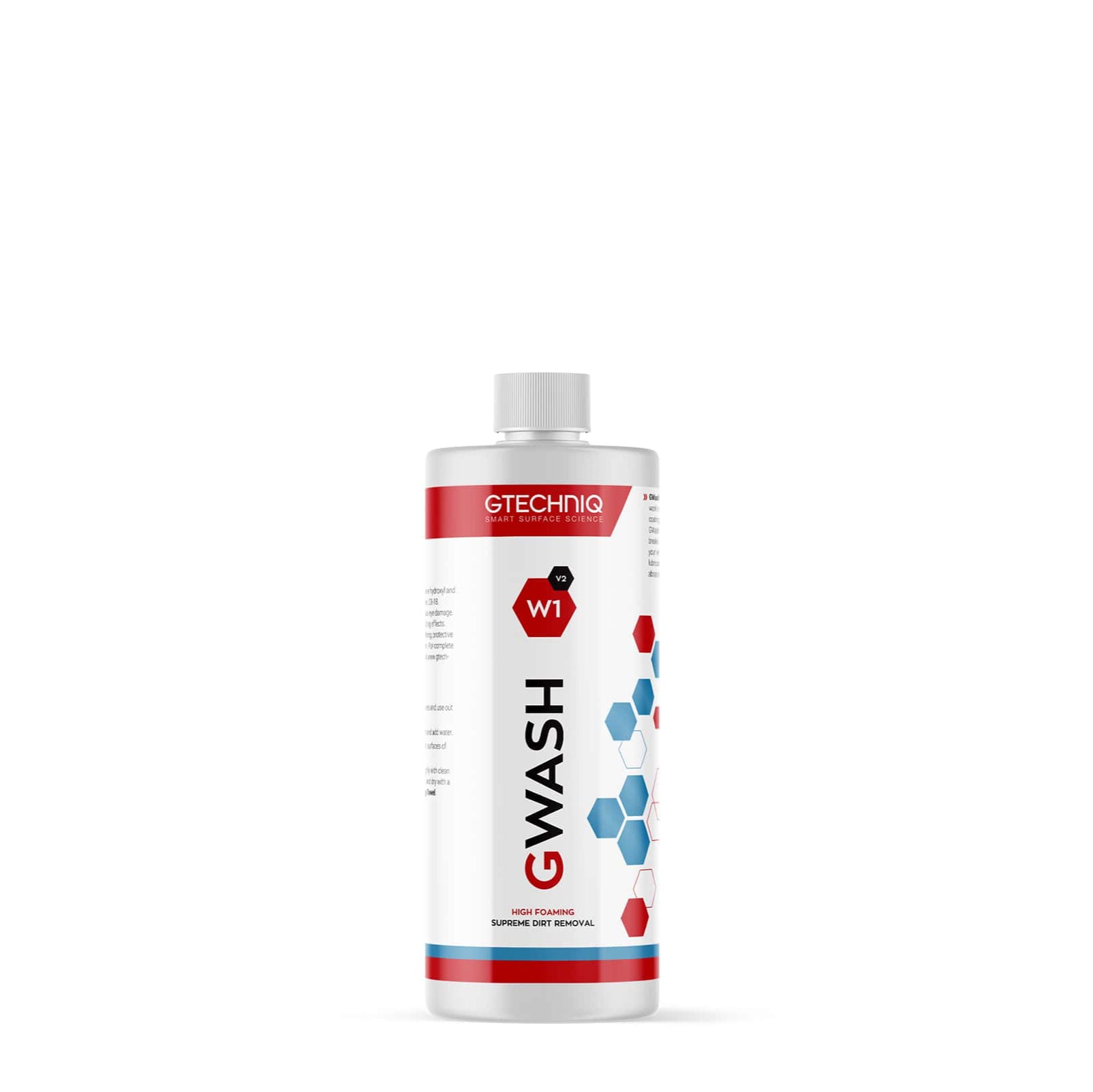 A bottle of GWash car shampoo with a white and red label, and blue dots.