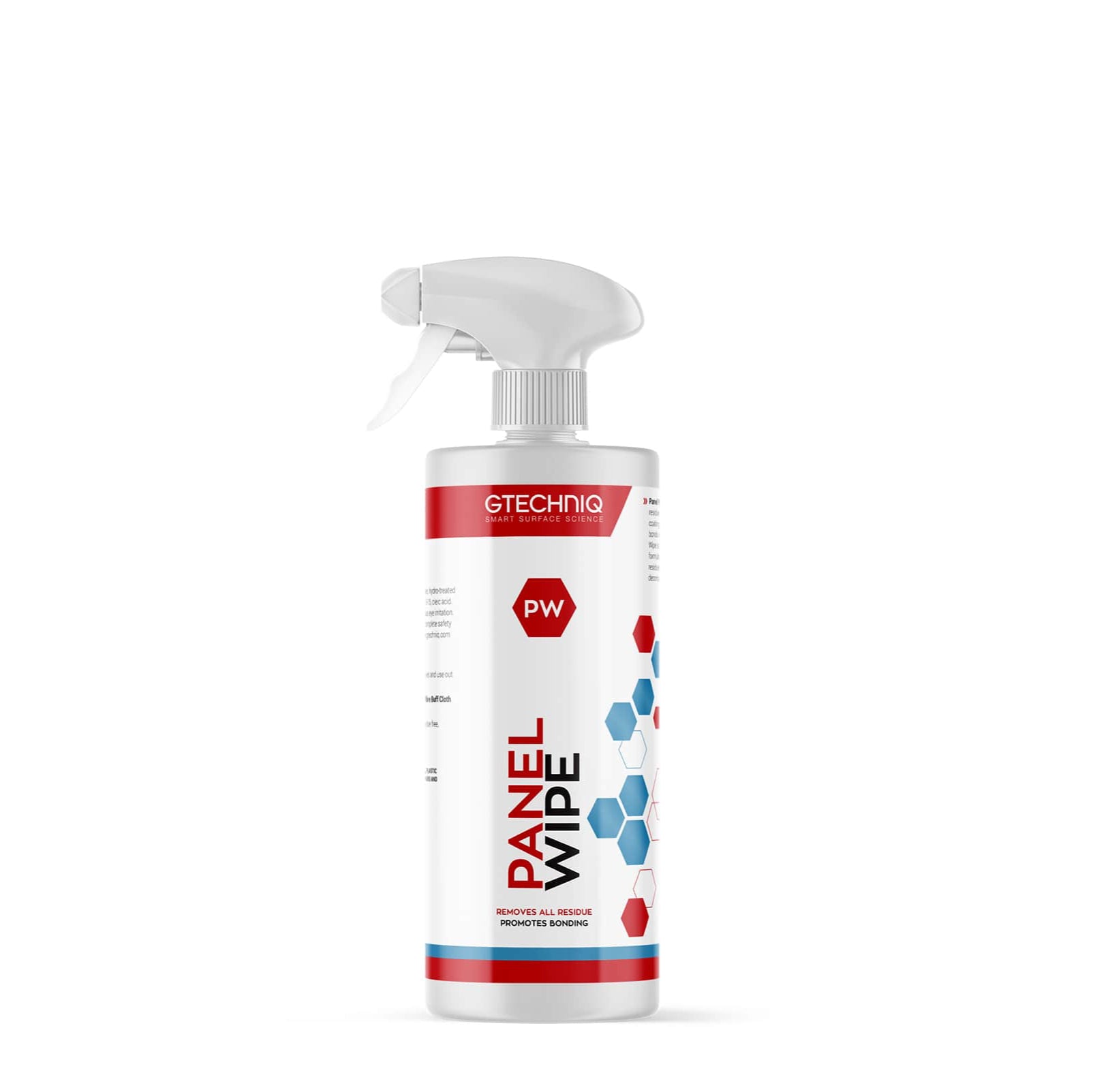 A white spray bottle labeled GTechniq Auto: PW Panel Wipe designed for vehicle cleaning.